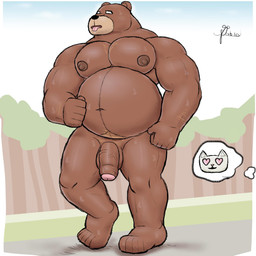 anthro balls barazoku belly bodily_fluids brown_body brown_fur brown_nipples bulge clothing exercise flaccid foreskin fur genitals humanoid_genitalia humanoid_penis male musclegut muscular muscular_anthro muscular_male nipples nude nude_workout outside penis solo sweat alanottaviano bear brown_bear grizzly_bear mammal ursine 1:1 hi_res
