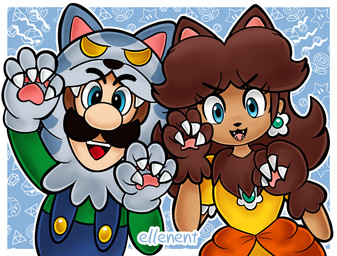 4_ears 4_fingers alternate_species anthro arms_bent big_nose black_eyebrows black_facial_hair black_mustache black_nose blue_background blue_clothing blue_eyes blue_overalls brown_hair button_(fastener) claws clothed clothed_female clothed_humanoid clothed_male clothing dress duo ear_piercing eyebrows eyelashes facial_hair fangs female female_anthro fingers flower_ear_piercing fully_clothed fully_clothed_humanoid fully_clothed_male furrowed_eyebrows green_clothing green_shirt green_topwear grey_hands hair light long_hair male male_humanoid multi_ear mustache orange_clothing orange_dress outline overalls pattern_background pawpads piercing pink_pawpads pink_tongue red_tongue shirt simple_background smile smiling_at_viewer tan_body tan_skin teeth text tongue topwear white_claws white_outline ellenent mario_bros mythology nintendo luigi princess_daisy animal_humanoid canid canid_humanoid canine canine_humanoid humanoid mammal mammal_humanoid mythological_canine mythological_creature werecanid werecanine werecreature werewolf wolf_humanoid 2023 artist_name digital_drawing_(artwork) digital_media_(artwork) english_description lighting shaded