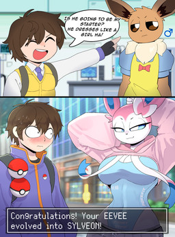 age_progression anthro biped blue_clothing blue_eyes blush breast_growth breasts brown_body clothed clothing crossdressing duo evolutionary_family female female_anthro fingerless_gloves gender_symbol gender_transformation gloves growth hair handwear male male_human male_symbol mtf_transformation open_mouth pink_clothing smile symbol text transformation white_body wide_hips yellow_clothing arzy_parzy nintendo pokemon eevee eeveelution generation_1_pokemon generation_6_pokemon human mammal pokemon_(species) sylveon absurd_res comic english_text hi_res