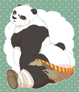 anthro belly big_butt black_body black_fur black_nose bottomwear butt clothed clothing dotted_background fur huge_butt male multicolored_body multicolored_fur overweight overweight_anthro overweight_male pattern_background shorts side_view simple_background sitting solo topless topless_anthro topless_male two_tone_body two_tone_fur white_body white_fur 00makumakuma00 kumao dreamworks kung_fu_panda master_po_ping bear giant_panda mammal 2019 hi_res