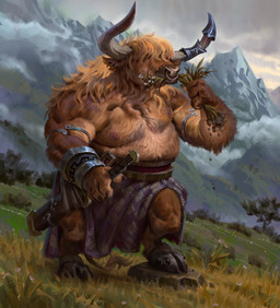 anthro areola armband armor belt bottomwear bracers brown_body brown_fur clothed clothing cloud drapery_(clothing) eating eating_grass facial_piercing flower fog fur grass green_grass hair hair_over_eye hooved_toes hooves horn leaf male mane mane_hair melee_weapon moobs mountain musclegut muscular nipples nose_piercing nose_ring outside pattern_clothing piercing plant ring_piercing sheathed_weapon slightly_chubby slightly_chubby_anthro solo sword tail topless tree weapon yellow_grass mike_azevedo european_mythology greek_mythology mythology bovid bovine cattle mammal minotaur 2019 colored digital_media_(artwork) digital_painting_(artwork) hi_res painting_(artwork) shaded