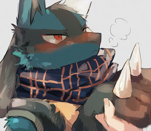 anthro black_body black_fur blue_body blue_fur blue_scarf blush breath clothing duo fur hand_on_paw holding_paws male offscreen_character pattern_clothing pattern_scarf red_eyes scarf simple_background solo_focus spikes spikes_(anatomy) tan_body tan_fur white_background sski_0 nintendo pokemon canid canine generation_4_pokemon human lucario mammal pokemon_(species) digital_media_(artwork) hi_res