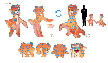 ambiguous_gender anthro blue_body blue_eyes butt fingers multicolored_tentacles nude open_mouth orange_tentacles red_tongue solo teeth tentacles text tongue young color_fox aquatic absurd_res hi_res korean_text