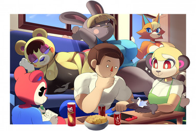 anthro beverage_can big_breasts blush blush_stickers breasts chips_(food) cleavage clothed clothing drawing female food furniture group inside male nipple_outline origami_crane potato_chips sofa sparkles aerth animal_crossing nintendo nintendo_switch audie_(animal_crossing) beardo_(animal_crossing) bonbon_(animal_crossing) isabelle_(animal_crossing) poppy_(animal_crossing) tammi_(animal_crossing) tammy_(animal_crossing) villager_(animal_crossing) bear canid canine canis human lagomorph lemur leporid mammal primate rabbit rodent sciurid strepsirrhine tree_squirrel wolf hi_res