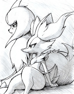 ambiguous_anthro ambiguous_feral ambiguous_gender anthro biped closed_frown digitigrade duo feral frown mouth_closed quadruped side_view sitting snout thick_thighs eryz nintendo pokemon absol braixen canid generation_3_pokemon generation_6_pokemon mammal pokemon_(species) 2025 english_description graphite_(artwork) greyscale hatching_(art) hi_res monochrome pen_(artwork) shaded traditional_media_(artwork) female_(lore)