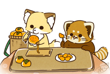 biped black_eyes black_nose brown_body chibi dot_eyes duo eating feral food fruit kemono plant simple_eyes sitting shi_nominmin ailurid canid canine fox mammal red_panda 2023 hi_res