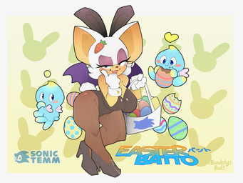 anthro anthrofied bat_wings big_breasts big_ears breasts bunny_costume carrot chibi cleavage clothed clothing costume egg eyeshadow fake_ears fake_rabbit_ears female food footwear gloves group handwear high_heels holidays legwear leotard lipstick looking_at_viewer makeup membrane_(anatomy) membranous_wings pantyhose plant shoes shortstack smile vegetable wings buublybutt easter sega sonic_the_hedgehog_(series) rouge_the_bat bat chao_(sonic) mammal absurd_res hi_res