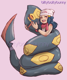 ambiguous_gender border clock clothing coiling duo fangs female feral hair hat headgear headwear hug pink_border scarf smile teeth watch bittybattybunny nintendo pokemon dawn_(pokemon) pokemon_trainer generation_3_pokemon human mammal pokemon_(species) reptile scalie seviper snake 5:6 hi_res