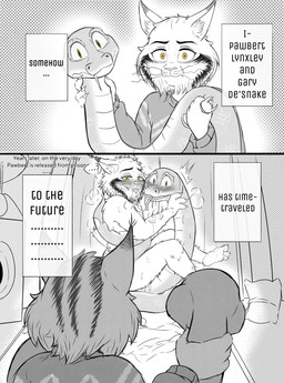 2_panel_comic 3_toes 4_fingers after_kiss anthro anthro_on_feral anthro_penetrated apode armless bed bedding bestiality biped black_text blush bodily_fluids breath cat_tree caught cheek_tuft claws clothed clothed_anthro clothed_male clothing crooked_whiskers duo ellipsis eye_contact facial_tuft fangs feet feral feral_penetrating feral_penetrating_anthro finger_claws fingers fluffy forked_tongue fur furniture future green_eyes holding_another holding_object holding_weapon inner_ear_fluff interspecies kissing legless looking_at_another male male/male male_anthro male_feral missing_fang missing_tooth nude nude_anthro nude_male on_bed pawpads penetration pillow pointy_ears prick_ears questioning_ellipsis saliva saliva_string serpentine sex striped_body striped_fur stripes sweater teeth text time_travel toe_claws toes tongue topwear tuft two_panel_image venom_injector weapon whiskers yellow_eyes kowimarch disney somehow_have_time-traveled_to_the_future zootopia gary_de'snake pawbert_lynxley canada_lynx felid feline lynx mammal pit_viper reptile scalie snake viper 2026 character_name comic english_text greyscale hi_res meme monochrome partially_colored right_to_left