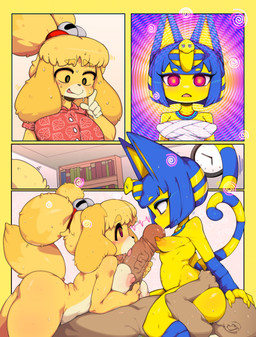 5_fingers accessory anthro areola big_breasts big_penis blush blush_stickers bodily_fluids breast_size_difference breasts brown_body brown_penis clothing egyptian erect_nipples eyebrow_through_hair eyebrows faceless_character faceless_male facesitting fellatio female female_anthro female_on_human fingers genitals group hair human_on_anthro hypnosis interrobang interspecies licking male male/female male_human male_on_anthro mind_control nipples nude open_mouth oral penile penis penis_lick sex side_view sitting sitting_on_another small_breasts spiral spiral_eyes sweat tail tongue translucent translucent_hair trio uraeus usekh vein veiny_penis slugbox animal_crossing nintendo ankha_(animal_crossing) isabelle_(animal_crossing) canid canine canis domestic_cat domestic_dog felid feline felis human mammal shih_tzu toy_dog absurd_res comic hi_res