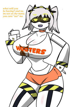 ass_up big_breasts breasts butt female hand_on_butt huge_breasts looking_at_viewer machine pose solo text pace-maker glitch_productions hooters murder_drones j_(murder_drones) humanoid robot robot_humanoid english_text