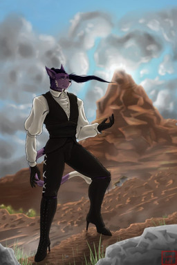 anthro boots clothed clothing cloud detailed_background dramatic_lighting flowing_hair footwear fur gloves hair handwear high_heeled_boots high_heels male outside purple_body purple_fur shoes solo wind hermesdidit felid mammal hi_res