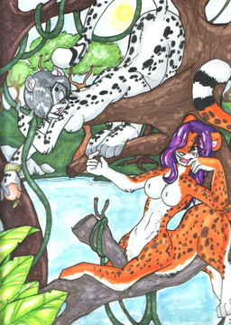 anthro breasts duo female food fruit hair nude plant purple_hair quadruped sun tail vines zeriara cheetah felid feline mammal taur marker_(artwork) traditional_media_(artwork)