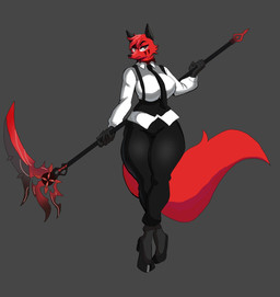 5_fingers anthro big_breasts black_bottomwear black_clothing black_ears black_footwear black_necktie black_pants black_shoes bottomwear breasts clothed clothed_anthro clothed_female clothing eyebrows eyelashes female female_anthro fingers footwear fur grey_background holding_melee_weapon holding_object holding_polearm holding_scythe holding_weapon melee_weapon mouth_closed necktie pants polearm red_body red_fur red_tail scythe shirt shoes simple_background solo tail thick_thighs topwear weapon white_clothing white_shirt white_topwear wide_hips palesnake canid mammal 2025 digital_drawing_(artwork) digital_media_(artwork) full-length_portrait hi_res portrait