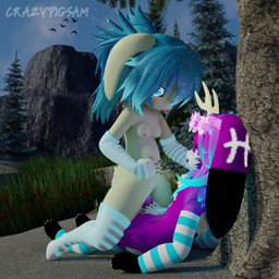 abdominal_bulge accessory anthro antlers blep blush bodily_fluids breasts cattail_(plant) cowgirl_position cum cum_inside duo evergreen_tree female female_on_top flower flower_in_hair from_front_position genital_fluids genitals glowing glowing_hair hair hair_accessory horn knot knotted_penis leaning_on_tree looking_at_another male male/female on_bottom on_top penis pine_tree plant rock saliva saliva_string sex shoreline small_breasts text tongue tongue_out tree warmers crazypigsam made_in_abyss krazichi petal_heart jackalope lagomorph leporid mammal narehate rabbit 1:1 3d_(artwork) absurd_res digital_media_(artwork) english_text hi_res
