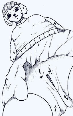 anthro bangs bottomwear butt butt_from_the_front clothing female genitals hands_behind_back legwear looking_at_viewer looking_down looking_down_at_viewer low-angle_view piercing shirt skirt solo stockings topwear vulva heaven_salts canid canine canis domestic_dog mammal absurd_res hi_res traditional_media_(artwork)