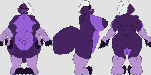 4_arms anthro areola big_areola big_breasts big_butt breasts butt fangs female genitals multi_arm multi_limb multicolored_body navel nipples non-mammal_breasts non-mammal_navel overweight overweight_female purple_body solo teeth two_tone_body vulva orciiusakei kiwi_kumoshoku arachnid arthropod spider hi_res model_sheet
