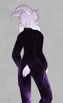 anthro black_bottomwear black_clothing black_pants bottomwear butt clothing fur horn looking_away male pants simple_background solo suit white_body white_fur siqko undertale undertale_(series) asriel_dreemurr_(god_form) boss_monster_(undertale) bovid caprine goat mammal 2017