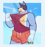 anthro areola barazoku biceps big_muscles blue_border bodily_fluids border bottomwear breath claws clothed clothing clothing_pull cloud day eyebrows fur holding_object male muscular muscular_anthro muscular_male musk musk_clouds narrowed_eyes nipples open_mouth outside panting pecs shirt shirt_pull shorts sky solo standing sweat sweat_stain tank_top tank_top_pull teeth tongue tongue_out topwear topwear_pull tuft blueovenmitts bluey_(series) bandit_heeler ambient_bird australian_cattle_dog canid canine canis cattledog domestic_dog herding_dog mammal pastoral_dog 2024 2_frame_animation 2d_animation animated loop no_sound short_playtime webm