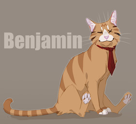 ambiguous_gender anthro brown_body brown_fur cheek_tuft closed_smile eyes_closed facial_tuft fur grey_background inner_ear_fluff markings mouth_closed necktie pawpads red_necktie simple_background sitting smile solo striped_back striped_body striped_fur striped_markings striped_tail stripes tail tail_markings tuft unsigned white_inner_ear_fluff white_pawpads justkiddinb domestic_cat felid feline felis mammal full-length_portrait portrait male_(lore)