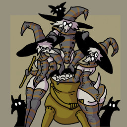 anthro arm_support armwear big_butt bulge butt clothed clothed_anthro clothed_male clothing crouching elbow_gloves eyelashes eyewear femboy front_view glasses gloves grey_body grey_clothing grey_hair group hair hand_on_hat handwear hat headgear headwear holding_object holding_stick leaning_on_another leaning_on_elbow legwear leotard looking_at_viewer looking_back looking_back_at_viewer magic_user male medium_hair pattern_clothing rear_view short_tail skimpy small_waist smile smiling_at_viewer standing stick striped_clothing stripes tail thigh_highs wearing_glasses wide_eyed witch witch_hat zhmernalt animate_inanimate familiar steamfalish_witch 1:1 2025 digital_drawing_(artwork) digital_media_(artwork) hi_res