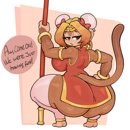 anthro asian_clothing big_breasts big_butt breasts butt chinese_clothing clothed clothing crouching curvy_figure dialogue dress east_asian_clothing female hand_on_hip huge_breasts huge_butt huge_hips huge_thighs solo speech_bubble staff tail text thick_thighs voluptuous voluptuous_anthro voluptuous_female wide_hips virito sonyu_tainkong haplorhine mammal monkey primate absurd_res english_text hi_res