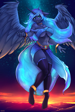 anthro belly_dancer blue_body blue_feathers breasts cleavage clothed clothing feathers female hooves horn nipple_outline slave solo unguligrade wings redwix friendship_is_magic hasbro my_little_pony mythology princess_luna_(mlp) equid equine mammal mythological_creature mythological_equine winged_unicorn 2:3 absurd_res hi_res