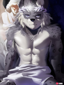 abs anthro biceps fur fur_markings greek_clothing grey_body grey_fur hair male markings multicolored_body multicolored_fur muscular muscular_male pecs pose purple_eyes sculpture shirtless_male solo statue two_tone_body two_tone_fur lumii i_think_i_like_you dev_(i_think_i_like_you) felid mammal pantherine snow_leopard 3:4 absurd_res hi_res