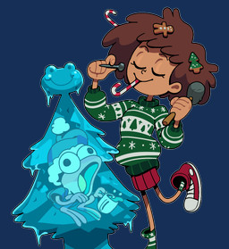 ambiguous_gender anthro bottomwear candy candy_cane christmas_clothing christmas_headwear christmas_sweater christmas_topwear christmas_tree clothed clothing dessert duo eyes_closed female food footwear frozen hammer hat headgear headwear holidays humor ice ice_sculpture open_mouth plant santa_hat sculpting sculpture shoes skirt sneakers sweater tools toony topwear trapped_in_ice tree visual_gag discount-supervillain amphibia_(series) christmas disney anne_boonchuy sprig_plantar amphibian frog human mammal alpha_channel digital_media_(artwork) hi_res