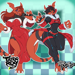 anthro big_breasts black_bodysuit black_clothing black_latex black_legwear black_skinsuit black_tights bodysuit breasts claws clothed clothed_anthro clothed_female clothed_male clothing digitigrade dress duo electronics feet female femboy finger_claws fingers front_view green_eyes holding_microphone holding_object humanoid_hands latex latex_bodysuit latex_clothing latex_skinsuit legwear logo looking_at_viewer looking_down low-angle_view male microphone non-mammal_breasts open_mouth open_smile outline pattern_background pose purple_eyes red_body red_clothing red_dress simple_background skinsuit slit_dress small_waist smile standing text thick_thighs tight_clothing tights toe_claws toes white_outline wide_hips tattoorexy bandai_namco digimon digimon_(species) guilmon guilmon_x x-digimon 1:1 2026 artist_logo artist_name colored digital_media_(artwork) hi_res shaded