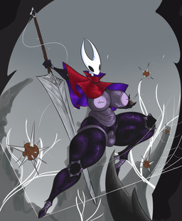 2_horns areola belly big_breasts big_sword black_body black_eyes breasts cloak clothed clothing featureless_feet feet female fingers genitals holding_melee_weapon holding_object holding_sword holding_weapon horn huge_thighs inverted_nipples legwear melee_weapon membrane_(anatomy) nail_(weapon) nipple_piercing nipples on_one_leg piercing purple_nipples red_cloak red_clothing silk simple_background skimpy solo standing string sword thick_thighs thigh_highs vulva weapon white_head white_neck the_demon_women hollow_knight_(franchise) team_cherry hornet_(hollow_knight) arachnid arthropod humanoid spider 2024 digital_media_(artwork) hi_res