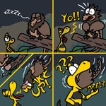 accidental_vore anthro anthro_pred dialogue duo feathers female female_pred feral feral_prey male male_prey oral_vore screaming soft_vore text vore kakroon zniw_adventure zniw avian dinosaur feathered_dinosaur feathered_scalie prehistoric_species reptile scalie 1:1 comic