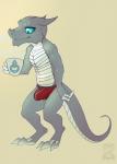 anthro barefoot biped briefs bulge clothed clothing coffee_mug container cup detailed_bulge digitigrade erection erection_under_clothing feet genital_outline hi_res holding_container holding_cup holding_object kobold korichi looking_down male penis_outline scalie signature simple_background solo standing tenting topless underwear