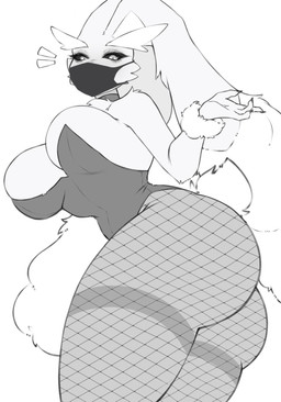 anthro big_breasts big_butt blush breasts bunny_costume butt chest_tuft choker cleavage clothed clothing costume dark_sclera eyelashes female fishnet_clothing fishnet_legwear jewelry legwear leotard long_ears looking_at_viewer makeup mascara mask nails necklace short_tail side_view small_waist solo standing tail tuft juppi nintendo pokemon generation_4_pokemon lopunny pokemon_(species) 2026 hi_res monochrome pictographics