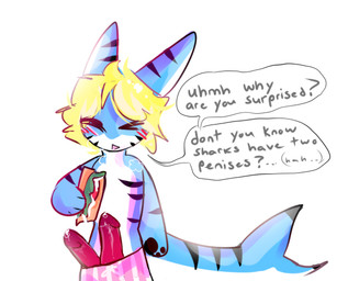 2_penises anthro blonde_hair blue_body blush blush_lines bottomwear bottomwear_down breath chibi clothed clothing embarrassed embarrassed_horny femboy food genitals glistening glistening_body hair male multi_genitalia multi_penis partially_clothed paws penis sandwich_(food) shorts shorts_down solo striped_body stripes shork shrimpyfluff fish marine shark