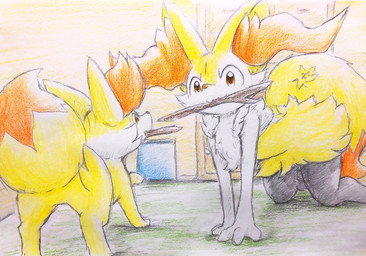 :3 acting_like_a_dog all_fours ambiguous_anthro ambiguous_feral ambiguous_gender anthro biped detailed_background digitigrade dipstick_tail duo evolutionary_family feral front_view inside markings quadruped rear_view snout standing stick_in_mouth tail tail_markings eiroru nintendo pokemon braixen canid fennekin generation_6_pokemon mammal pokemon_(species) 2019 colored_pencil_(artwork) colored_sketch hi_res japanese_description sketch traditional_media_(artwork) translated_description