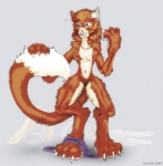 breasts claws clothing digitigrade dipstick_tail female fur gloves hair handwear markings nipples nude paws red_hair shirt simple_background smile solo tail tail_markings tail_tuft topwear transformation tuft whiskers nolaf felid mammal kira_(disambiguation) 2007