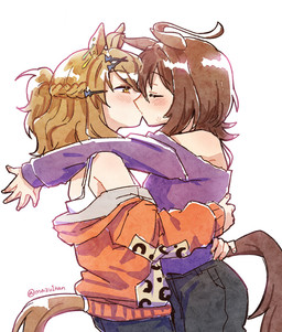 accessory ahoge black_bottomwear black_clothing black_pants blush bottomwear brown_ears brown_hair brown_tail clothing duo ear_piercing eyes_closed female female/female hair hair_accessory hairclip hug jacket kiss_on_lips kissing notched_ear orange_clothing orange_jacket orange_topwear pants piercing purple_clothing purple_shirt purple_topwear shirt side_view simple_background tail tank_top topwear white_background white_clothing white_shirt white_tank_top white_topwear yellow_eyes mazu1kan cygames uma_musume_pretty_derby agnes_tachyon_(pretty_derby) jungle_pocket_(pretty_derby) animal_humanoid equid equid_humanoid equine equine_humanoid horse_humanoid humanoid mammal mammal_humanoid hi_res portrait three-quarter_portrait