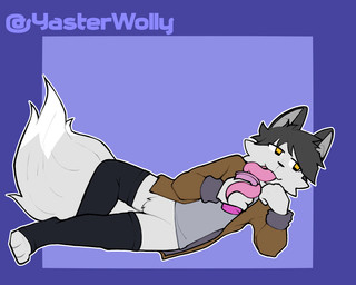 3_toes 4_fingers anthro clothing coat crotch_tuft drinking feet fingers fur grey_hair hair head_on_hand leg_warmers legwear long_tongue lying male on_side pink_tongue solo tail toes tongue topwear tuft white_body white_fur white_tail yellow_eyes yasterwolly chefoxara_(oc) arctic_fox canid canine fox mammal true_fox 5:4 hi_res