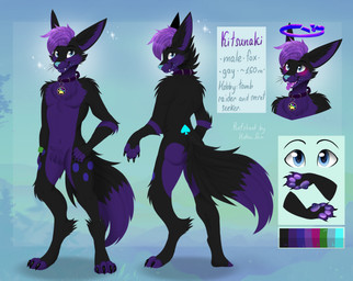ahegao anthro black_body black_fur blue_eyes blue_nose blush cheek_tuft chest_tuft collar cosmic_hair digitigrade dipstick_tail ethereal_hair facial_tuft fur fur_markings glowing glowing_nose hair halo happy looking_pleasured male markings multicolored_body purple_body purple_fur purple_hair purple_mouth simple_background solo spades_(marking) sparkles tail tail_markings text tuft two_tone_body wristband helensan kitsunaki canid canine fox mammal 2022 english_text full-length_portrait hi_res model_sheet portrait shaded