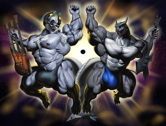 abs accessory anthro armpit_hair band barazoku biceps big_bulge big_muscles blue_eyes body_hair bottomwear bulge claws clothed clothing digitigrade divinity duo electric_guitar flaccid flexing galaxy genitals grey_body grin guitar guitarist happy horn huge_muscles hyper hyper_muscles interspecies loincloth looking_at_another macro male male/male melee_weapon multicolored_body multiverse muscular muscular_anthro muscular_male music musical_instrument nipple_piercing nipple_ring nipples paws pecs penis piercing planet plucked_string_instrument pose ring_piercing rock simple_background smile space spikes string_instrument tail teeth terra_macro triple-neck_guitar two_tone_body two_tone_tail underwear underwear_only weapon white_body guzreuef final_fantasy mythology square_enix aeon kardukk_(character) ortha behemoth_(final_fantasy) dragon kobold mythological_creature mythological_scalie reptile scalie digital_media_(artwork) hi_res shaded