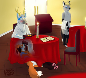 animal_genitalia anthro backsack balls blush bodily_fluids butt candle condom erection fellatio genital_fluids genitals group hooves inside licking male male/male nude oral paws penile penis penis_lick precum public restaurant sex sexual_barrier_device sheath tongue tongue_out trio under_table unused_condom voyeur waiter wrapped_condom scuzzyfox canid canine deer fox mammal new_world_deer reindeer 2019 absurd_res hi_res