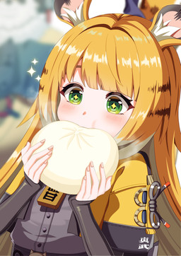 animal_ears baozi belt bent_arm blonde_hair blurred_background blush clothing collared_shirt dress_shirt female fluffy_ears food_on_mouth glistening glistening_hair green_eyes grey_dress_shirt hair jacket long_hair shirt snorting sparkles sparkling_eyes striped_hair topwear white_hair yellow_clothing yellow_jacket_(clothing) yellow_topwear young young_female young_humanoid ti_0502_nep mihoyo zenless_zone_zero ju_fufu animal_humanoid felid felid_humanoid humanoid mammal mammal_humanoid pantherine pantherine_humanoid thiren tiger_humanoid hi_res