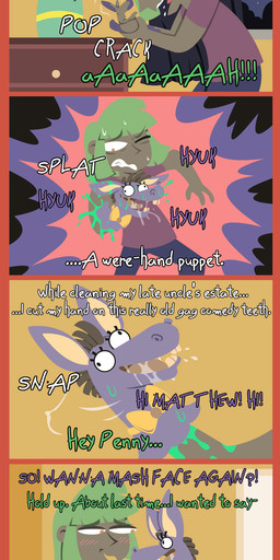 bodily_fluids bow_tie buckteeth dark_body dark_skin derp_eyes drooling duo female fur green_hair hair hand_puppet kissing male male/female moon orange_eyes puppet purple_body purple_fur saliva supernatural teeth text transformation shane_frost animate_inanimate asinus donkey equid equine human mammal absurd_res comic english_text hi_res long_image tall_image