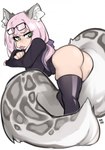 big_tail bottomwear butt clothing eyewear female glasses hair legwear looking_at_viewer looking_back looking_back_at_viewer pink_hair skirt solo stockings tail rinkae animal_humanoid cat_humanoid felid felid_humanoid feline feline_humanoid humanoid mammal mammal_humanoid hi_res