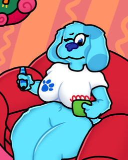anthro big_breasts blue_body blue_nose breasts clothing eyebrows female front_view furniture holding_object narrowed_eyes navel one_eye_closed red_sofa shirt sitting sofa solo spots tail thick_thighs topwear kitty_doodles blue's_clues nickelodeon blue_(blue's_clues) canid canine canis domestic_dog mammal digital_drawing_(artwork) digital_media_(artwork) english_description hi_res