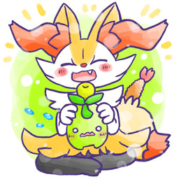 ambiguous_anthro ambiguous_gender anthro biped blush blush_stickers bodily_fluids crossed_legs duo emanata empty_eyes eyes_closed flying_sweatdrops food front_view open_:3 open_mouth open_smile plant shrimp_(food) simple_background sitting smile sweat sweatdrop wavy_mouth annyui0611 nintendo pokemon braixen canid elemental_creature flora_fauna generation_6_pokemon generation_9_pokemon mammal pokemon_(species) smoliv 1:1 2024 digital_drawing_(artwork) digital_media_(artwork) full-length_portrait hi_res japanese_description portrait translated_description