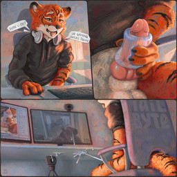animal_genitalia anthro balls bodily_fluids bottomless bottomless_male camera close-up clothed clothing computer_keyboard cum cumshot detailed_background dialogue ejaculation erection fur gaming gaming_chair genital_fluids genitals glans humanoid_genitalia humanoid_penis hybrid_genitalia hybrid_penis inside knot knotted_humanoid_penis knotted_penis looking_pleasured male markings masturbation open_mouth penetrable_sex_toy penile_spines penis screen sex_toy sheath smile solo striped_body stripes tail text tongue topwear tailbyte fitch_(jrandomhacker) felid mammal pantherine tiger 1:1 absurd_res comic detailed digital_media_(artwork) digital_painting_(artwork) english_text hi_res painting_(artwork) shaded signature
