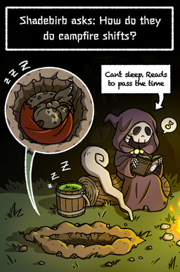 ambiguous_gender anthro bone book bucket campfire cape clothed clothing container directional_arrow eyelashes eyes_closed fingers fire grass green_body grey_body group holding_book holding_object hole_(pit) log lying musical_note musical_symbol night on_side outside plant question question_mark red_cape red_clothing robe shadow sitting sitting_on_log skeleton sleeping sound_effects staff symbol tail text text_box trio vowelless vowelless_sound_effect white_text wood zzz rakkuguy coal_(rakkuguy) lime_(rakkuguy) shelley_(rakkuguy) animated_skeleton goo_creature kobold scalie slime_(blob) undead 2025 english_text hi_res female_(lore)