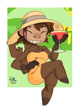 anthro beverage body_hair breasts brown_body brown_fur brown_hair chest_hair clothing container cup drinking_glass eyebrows eyes_closed female fur glass glass_container glass_cup grin hair hand_on_belly hat headgear headwear monkey_tail simple_background sitting smile solo swimwear tail teeth yellow_teeth swingandamiss haplorhine mammal monkey primate colored digital_media_(artwork) hi_res procreate_(artwork)